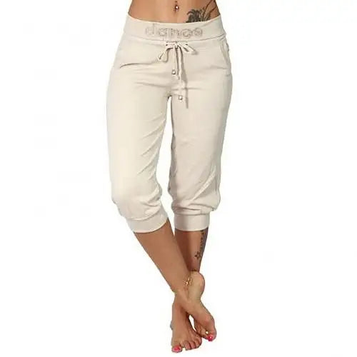 Women's 3/4 Cropped Sports Pants – Plus Size Drawstring Casual Trousers