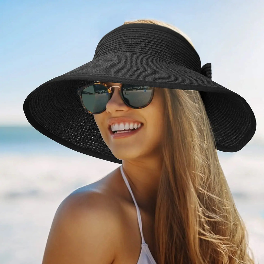 Women's Foldable Straw Sun Visor Hat – Wide Brim UV Protection Beach Cap
