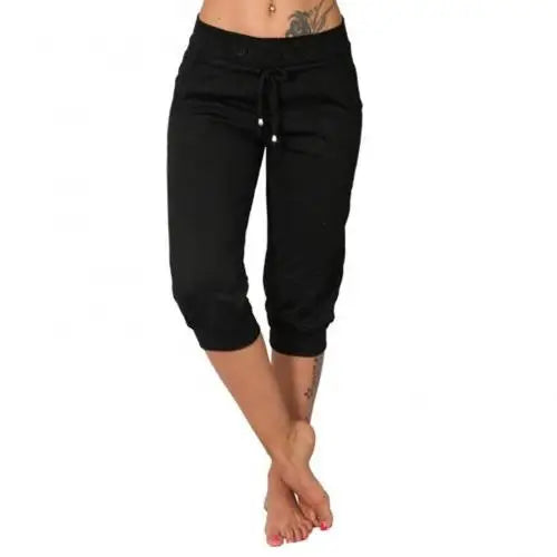 Women's 3/4 Cropped Sports Pants – Plus Size Drawstring Casual Trousers