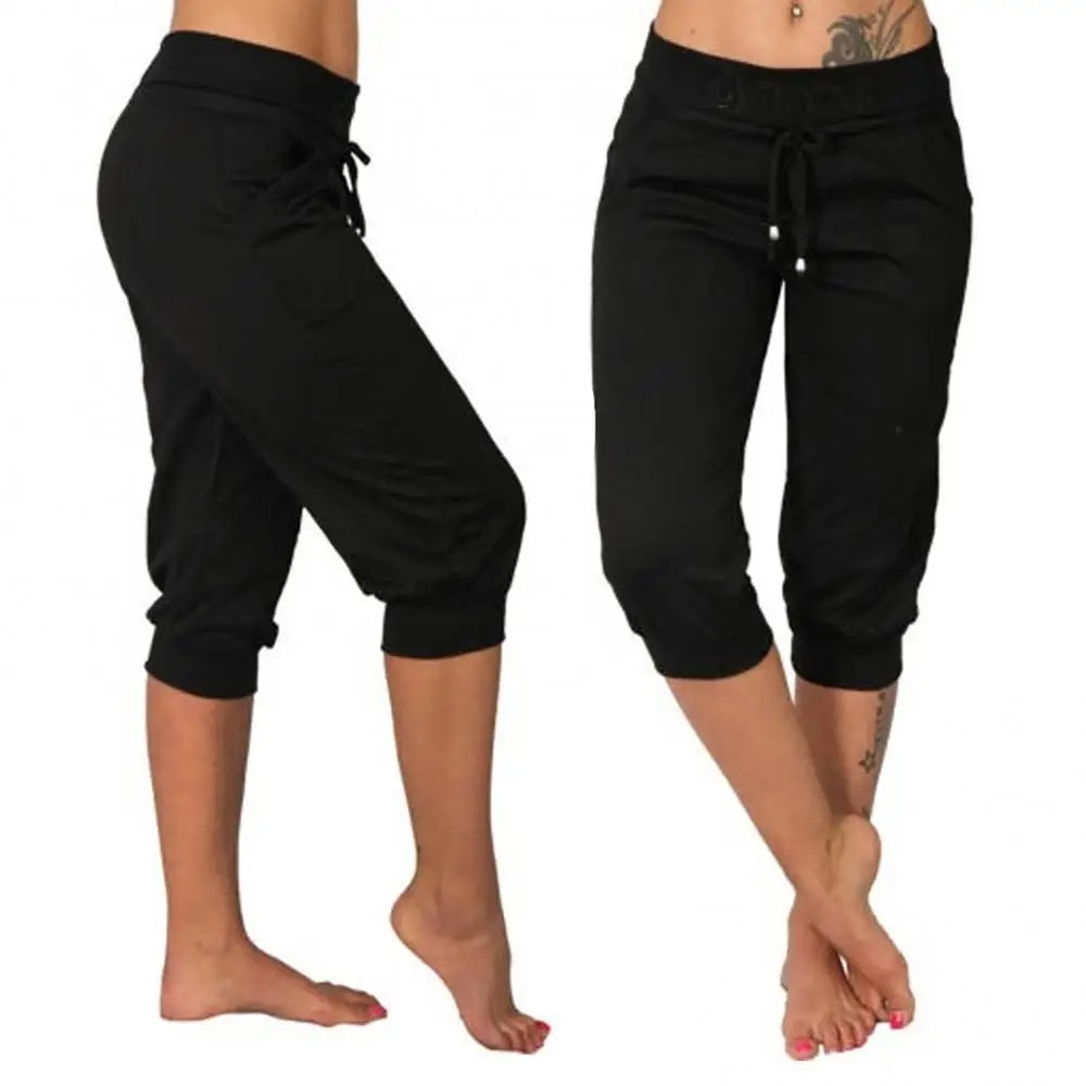Women's 3/4 Cropped Sports Pants – Plus Size Drawstring Casual Trousers