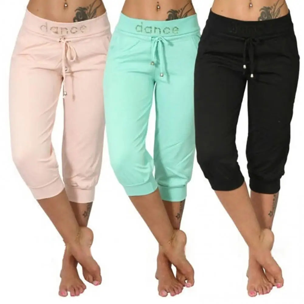 Women's 3/4 Cropped Sports Pants – Plus Size Drawstring Casual Trousers