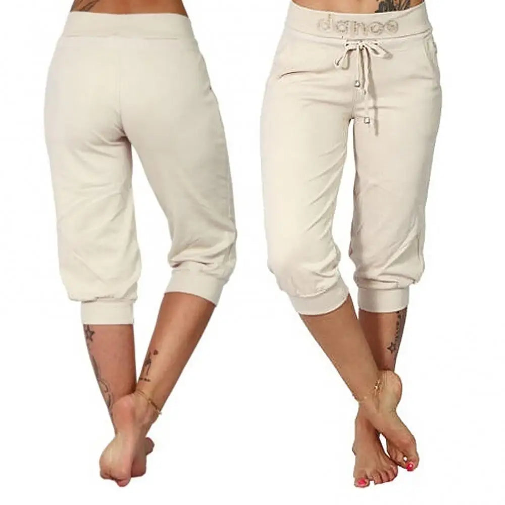 Women's 3/4 Cropped Sports Pants – Plus Size Drawstring Casual Trousers