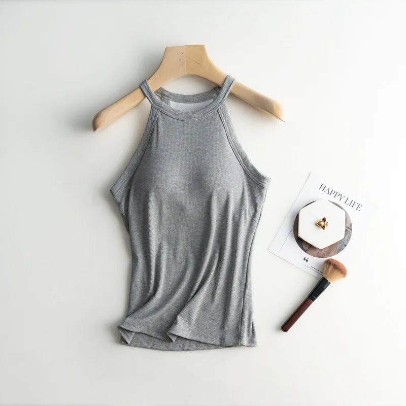 Women’s Halter Neck Camisole Tank Top – Built-In Chest Pad