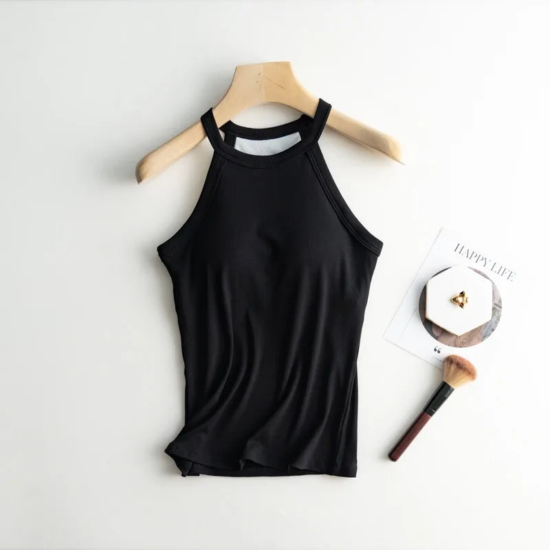 Women’s Halter Neck Camisole Tank Top – Built-In Chest Pad