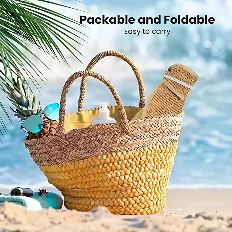 Women's Foldable Straw Sun Visor Hat – Wide Brim UV Protection Beach Cap