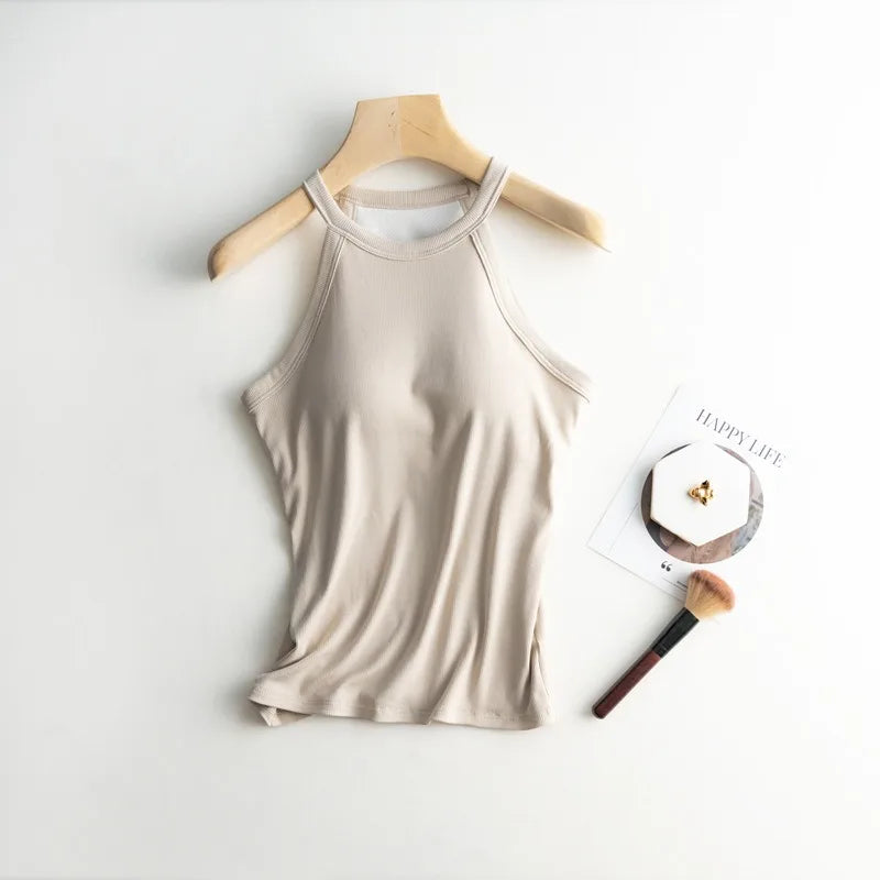Women’s Halter Neck Camisole Tank Top – Built-In Chest Pad