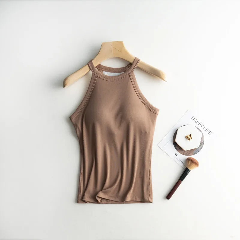 Women’s Halter Neck Camisole Tank Top – Built-In Chest Pad