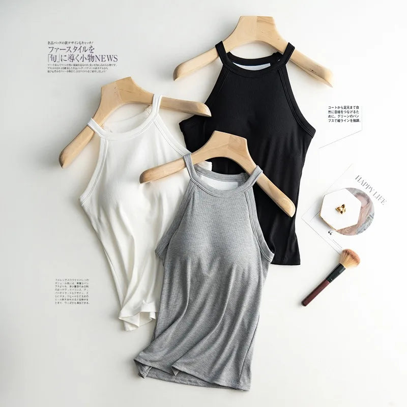 Women’s Halter Neck Camisole Tank Top – Built-In Chest Pad