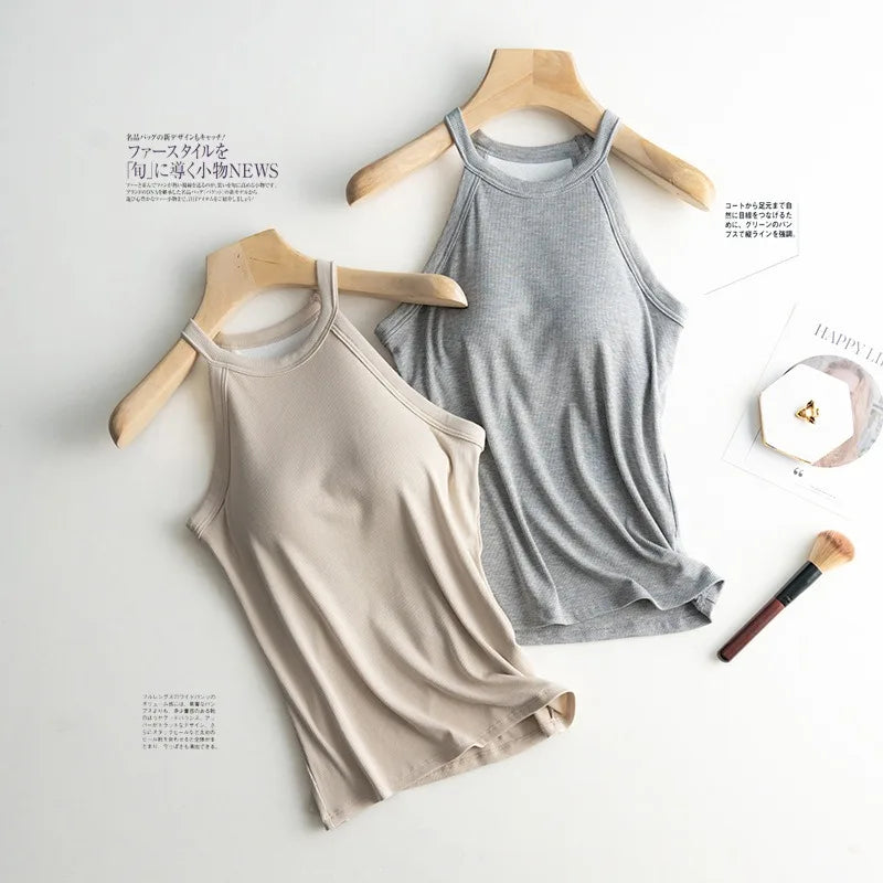 Women’s Halter Neck Camisole Tank Top – Built-In Chest Pad