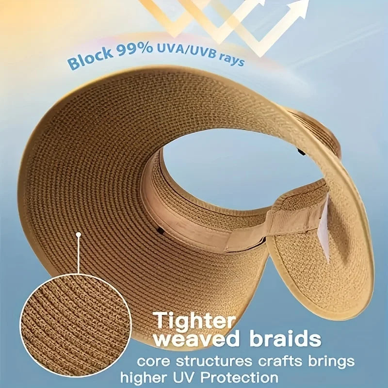 Women's Foldable Straw Sun Visor Hat – Wide Brim UV Protection Beach Cap