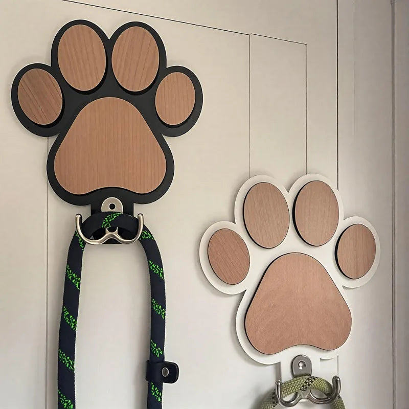 Paw Print Wooden Dog Leash Hanger Wall Hook for Collars & Coats
