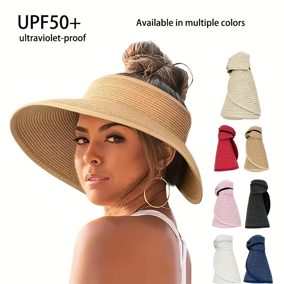Women's Foldable Straw Sun Visor Hat – Wide Brim UV Protection Beach Cap