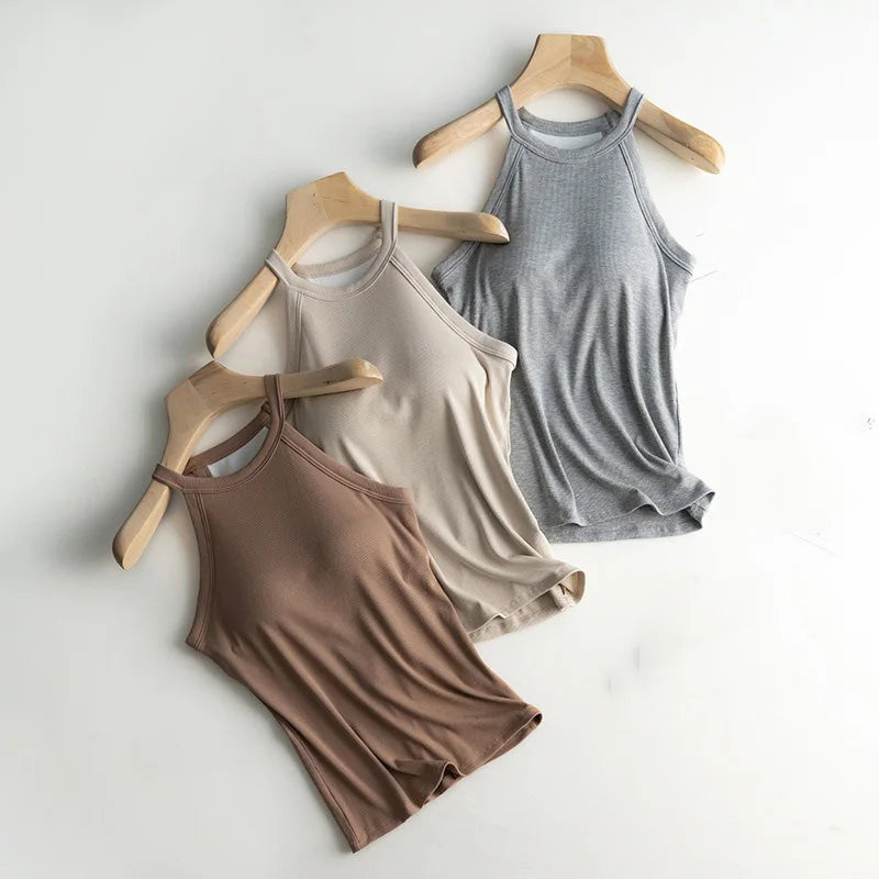 Women’s Halter Neck Camisole Tank Top – Built-In Chest Pad