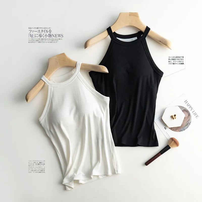 Women’s Halter Neck Camisole Tank Top – Built-In Chest Pad