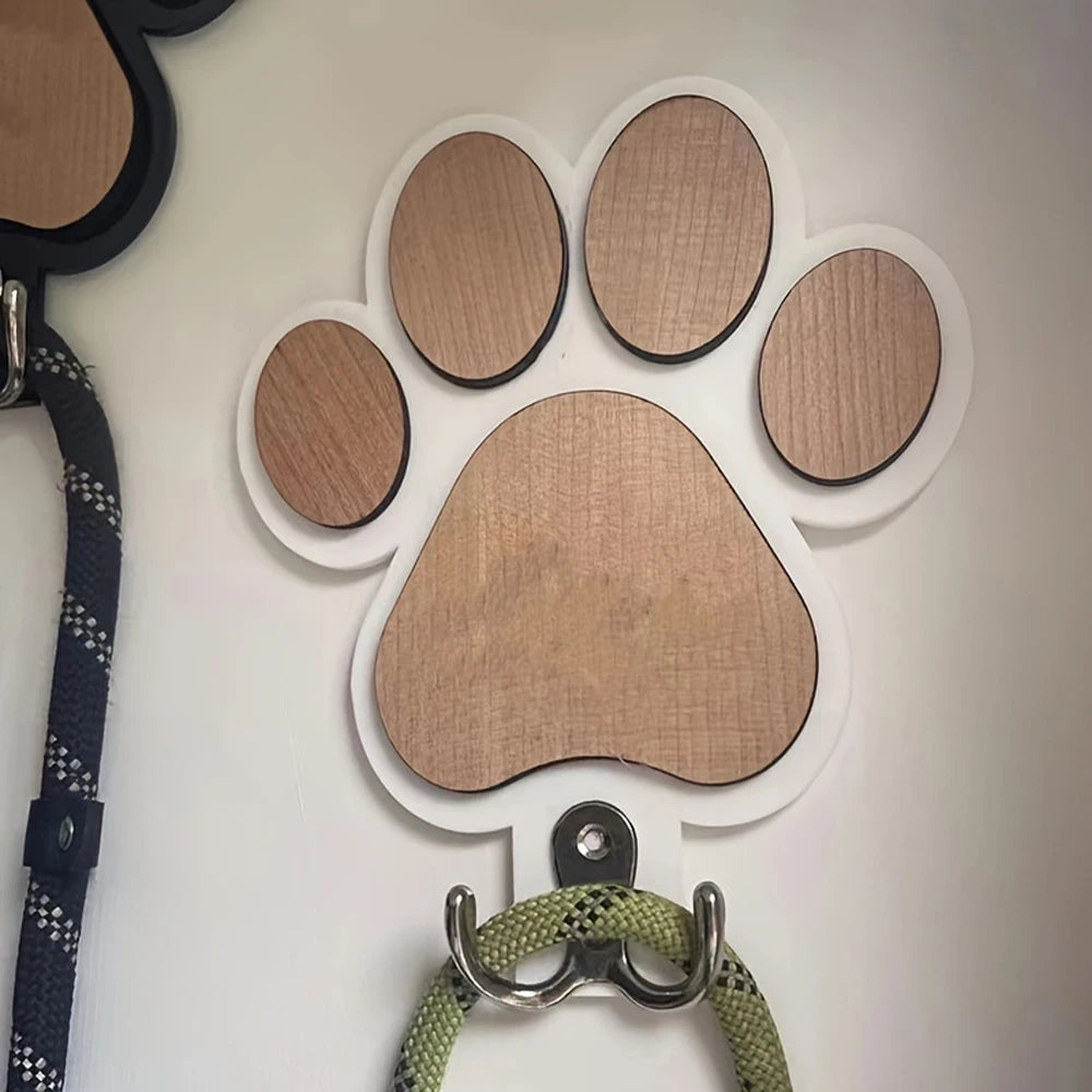 Paw Print Wooden Dog Leash Hanger Wall Hook for Collars & Coats