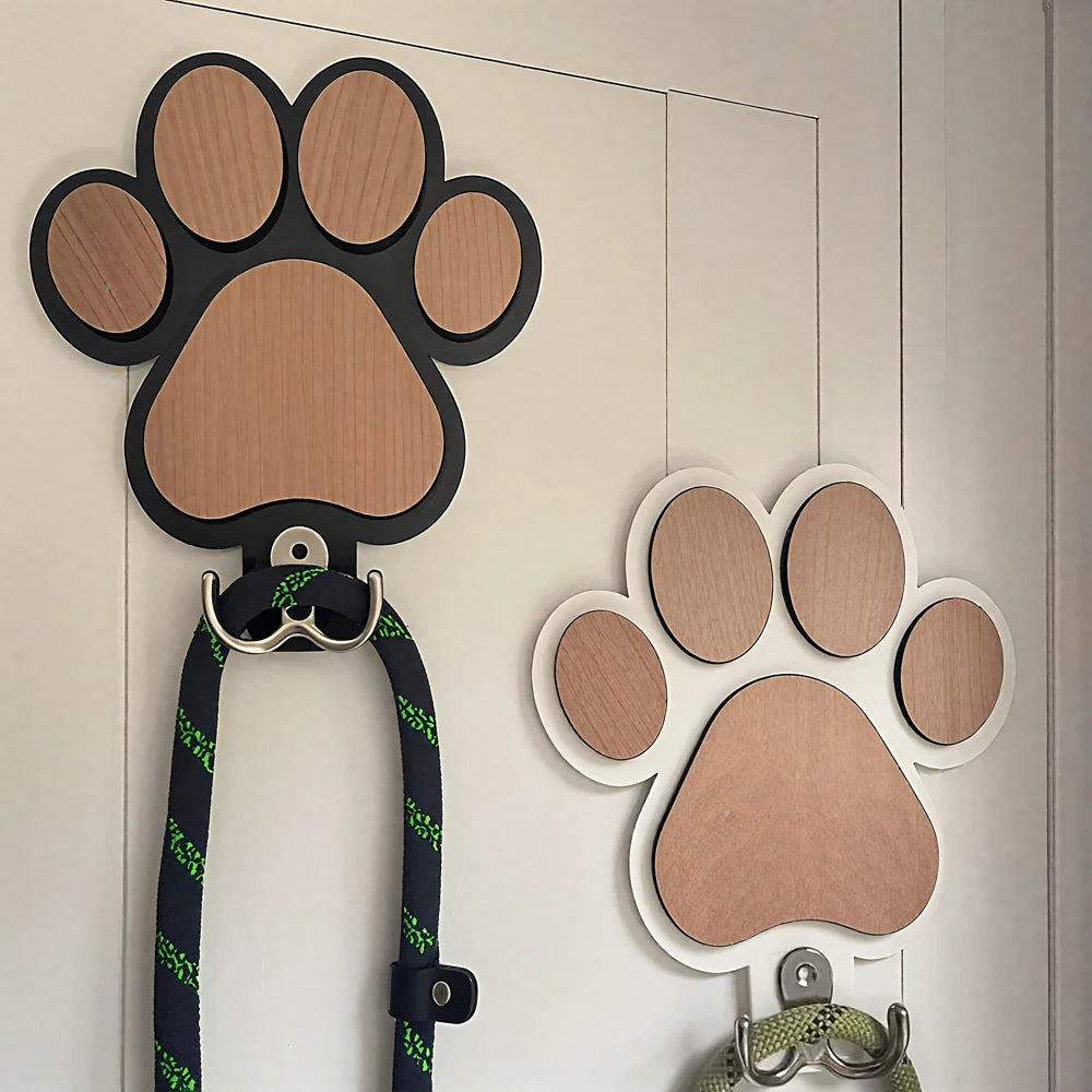 Paw Print Wooden Dog Leash Hanger Wall Hook for Collars & Coats