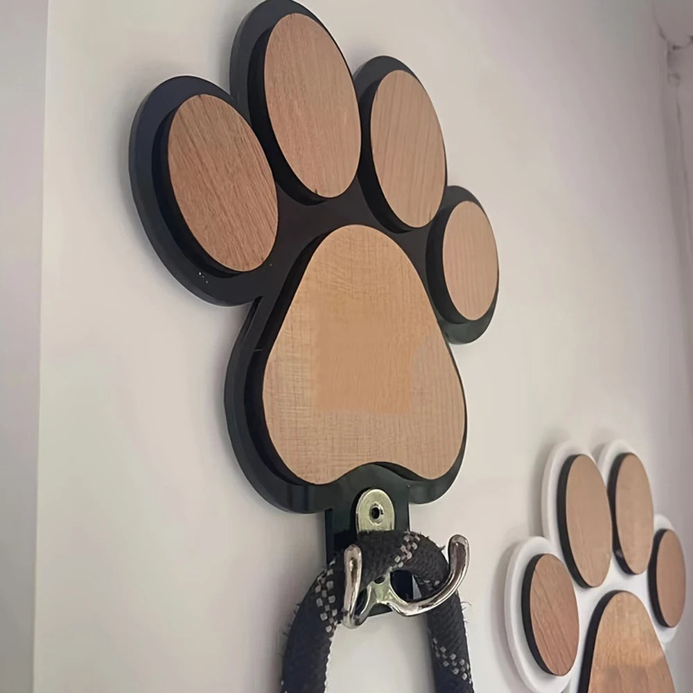 Paw Print Wooden Dog Leash Hanger Wall Hook for Collars & Coats