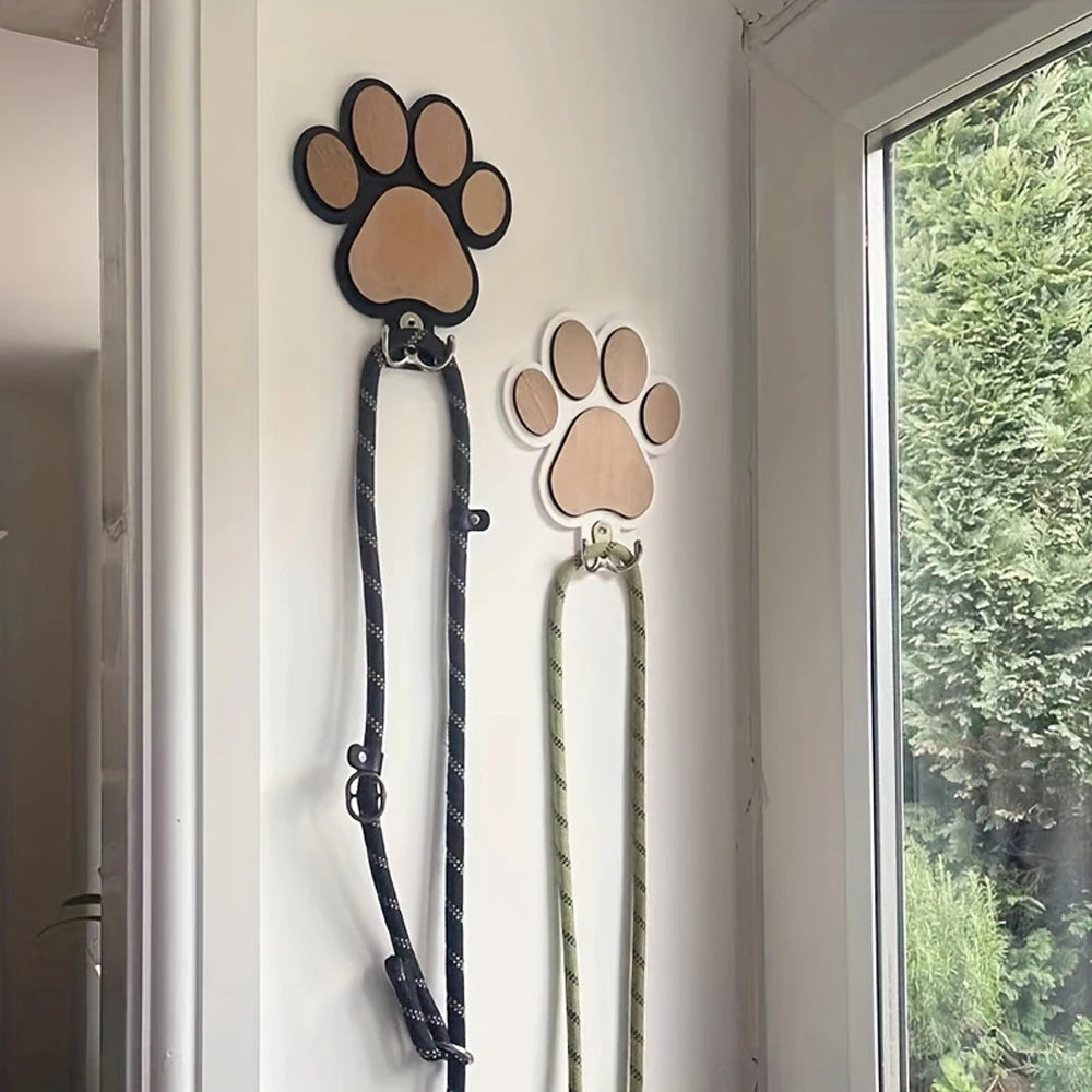 Paw Print Wooden Dog Leash Hanger Wall Hook for Collars & Coats