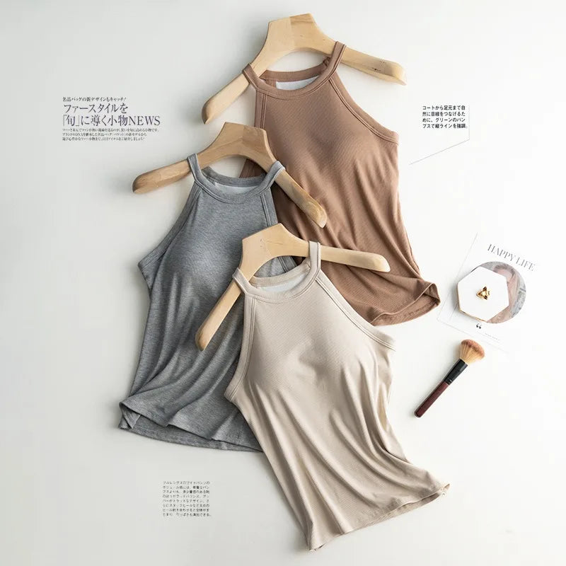 Women’s Halter Neck Camisole Tank Top – Built-In Chest Pad