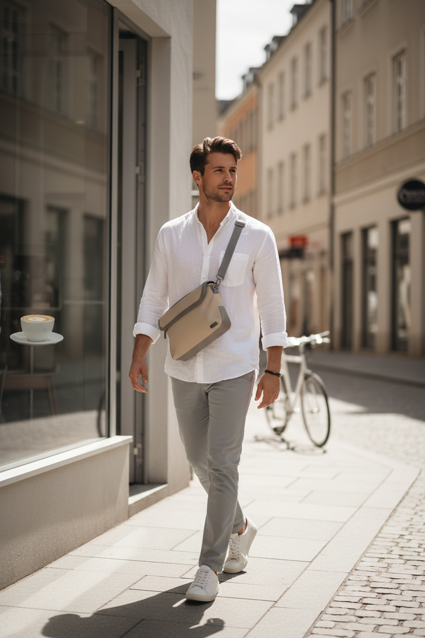 Stylish man wearing a waterproof crossbody bag on a sunny urban street, casual confident look